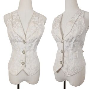 Guess Brocade Vest Waistcoat Cream Sleeveless Fitted Buttons